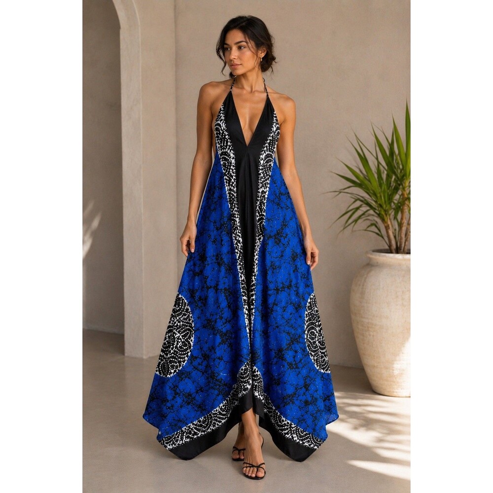 100% Silk Halter Maxi Dress Blue Black White Open Back Resort Free Size